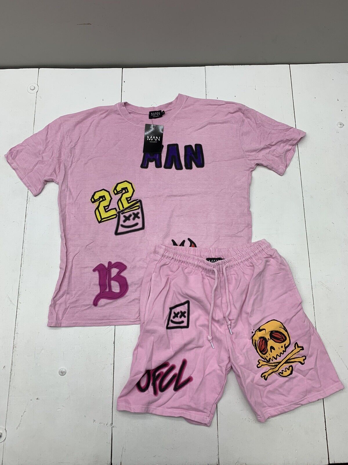 Boohoo Mens Pink Overdye Graffiti Outfit Size Medium