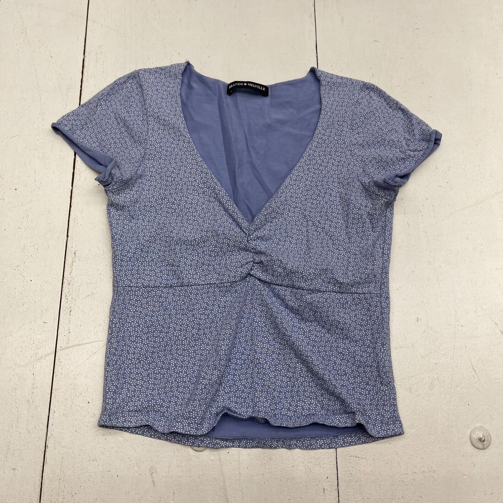 Brandy Melville Gina Blue Floral V Neck Short Sleeve Women’s Size XS/S