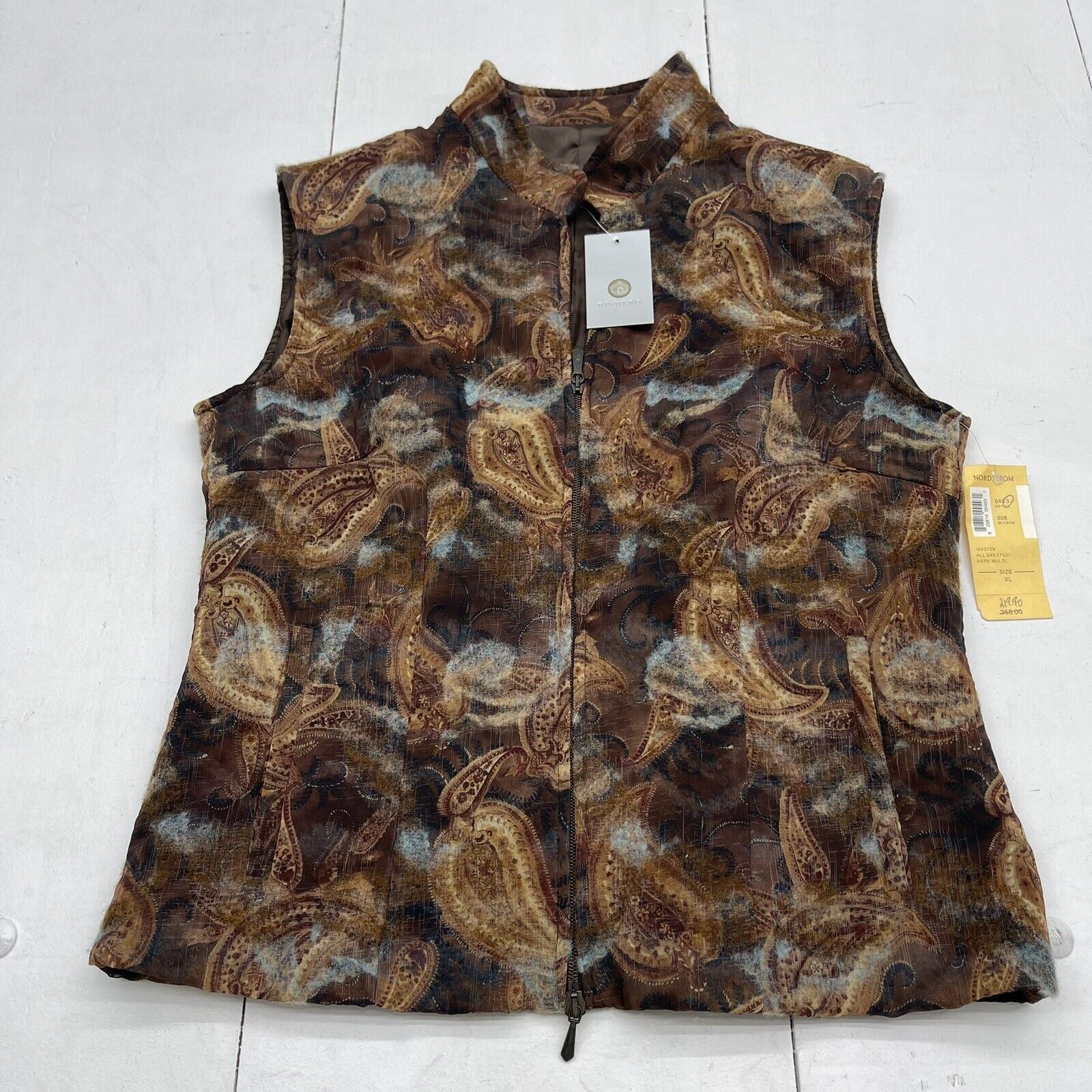 Dismero Brown Paisley Print Zip Up Vest Women’s Size XL