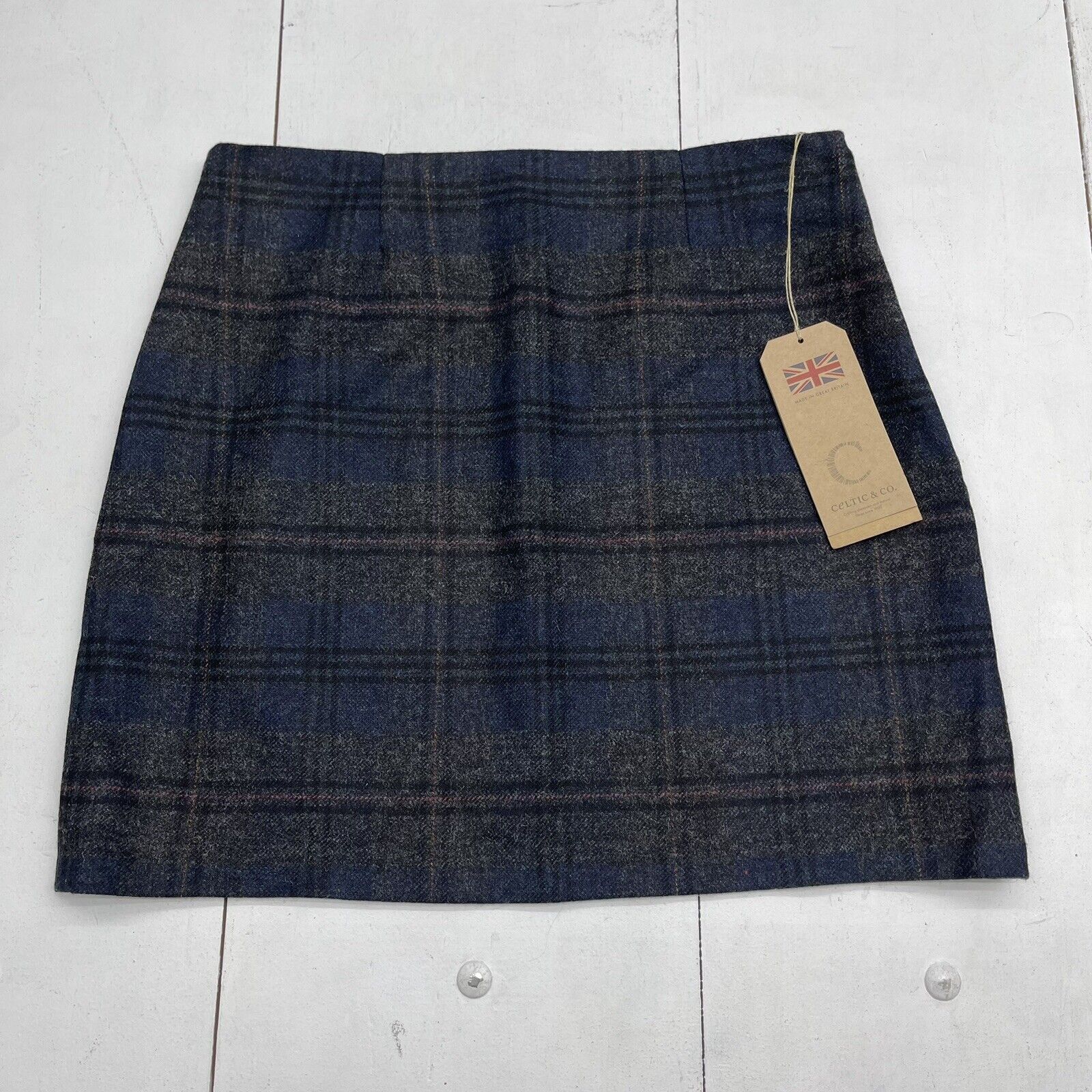 Celtic & Co Celt Wool Skirt Navy Charcoal Tartan Women’s Size 16 New Defect