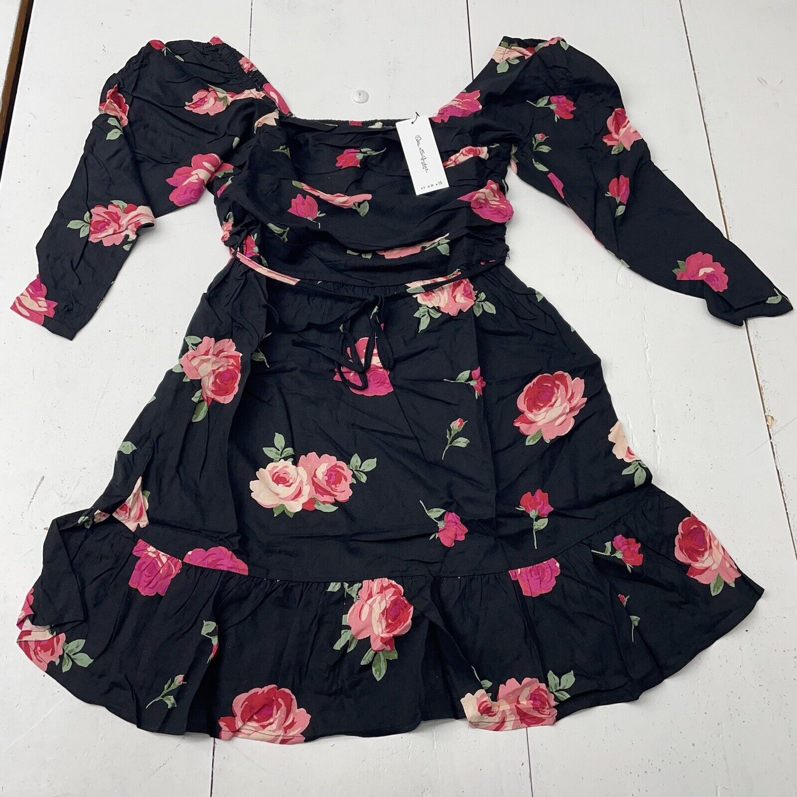 Miss Selfridge ASOS Black Rose Print Ruched Fit & Flare Mini Dress Womens Size 6