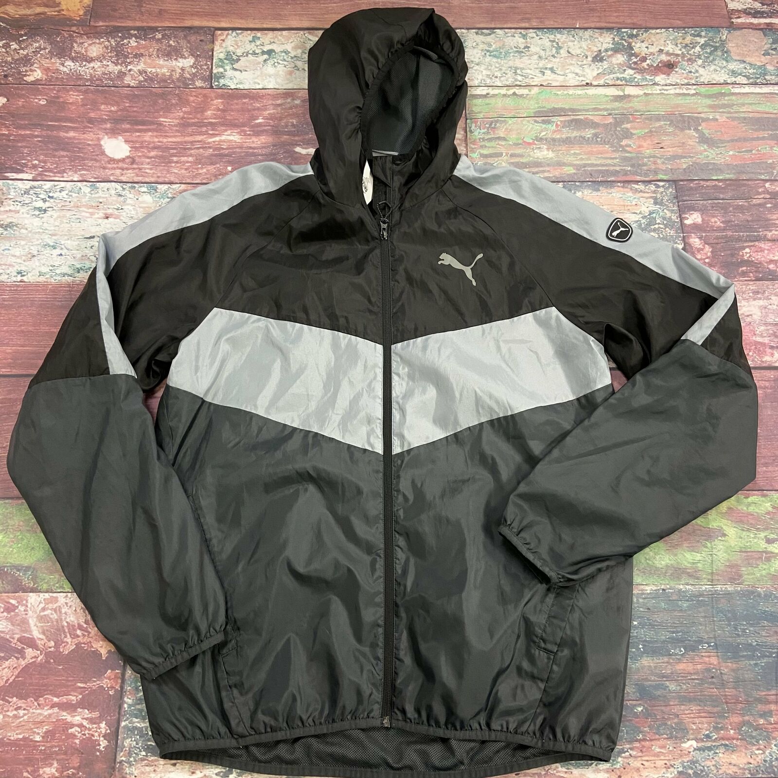 Puma Retro Black Gray Full Zip Athletic Track Jacket Men Size Large *